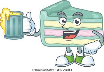 Happy vanilla slice cake mascot style toast with a glass of beer