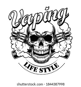 Happy vaping skull vector illustration. Monochrome cartoon character with e-cigarettes and vapor, lifestyle text. Retail concept for vape bar or store label, poster or emblem template