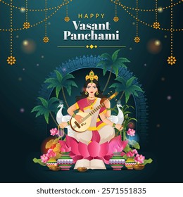 happy vasant panchami background with beautiful woman and indian ornament. elegant gradient concept, poster, greeting card, cover. 