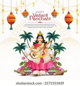 happy vasant panchami background with beautiful woman and indian ornament. elegant gradient concept, banner, poster, greeting card, cover