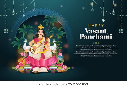 happy vasant panchami background with beautiful woman and indian ornament. with elegant gradient concept, horizontal banner, greeting card, cover. 