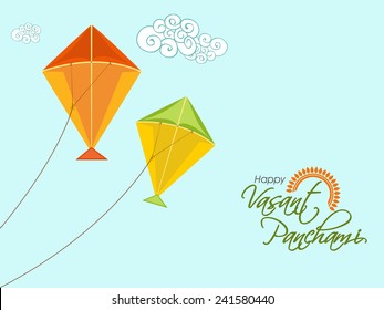 Happy Vasant Panchami celebration with colorful kites on sky blue background.