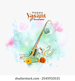Happy Vasant Panchami with creative concept. Maa Saraswati Pooja India holiday Background with rangoli, Vasant Panchami celebration . Greeting card, 3d vector illustration.