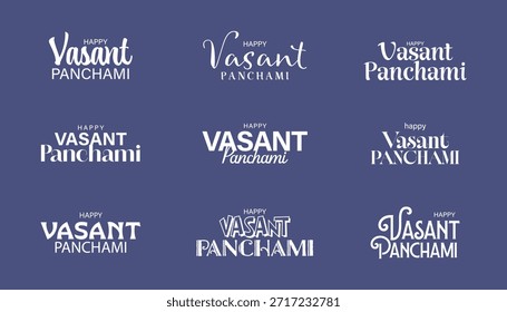 Happy Vasant Panchami kreative Typografie Set Design für Indien Festival Hintergrund. Vektorgrafik.