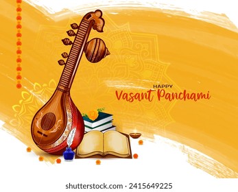 Happy Vasant Panchami cultural Indian festival card with Veena illustration vector