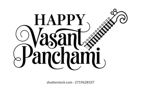Diseño elegante de la tipografía de Vasant Panchami feliz con el instrumento musical tradicional de Veena que simboliza la diosa saraswati y el festival de primavera indio