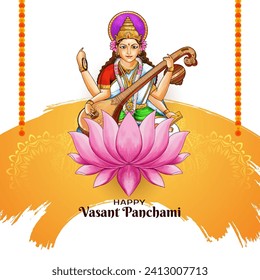 Happy Vasant Panchami festival celebration card with goddess Saraswati illustration vector