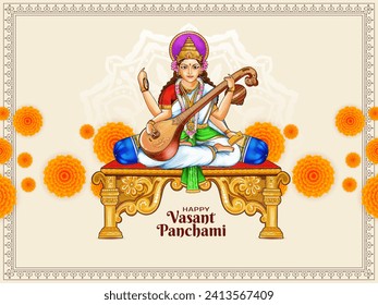 Happy Vasant Panchami festival celebration card with goddess Saraswati illustration vector