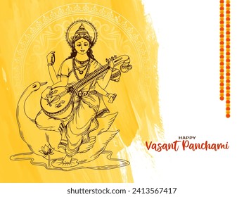 Happy Vasant Panchami festival celebration card with goddess Saraswati illustration vector