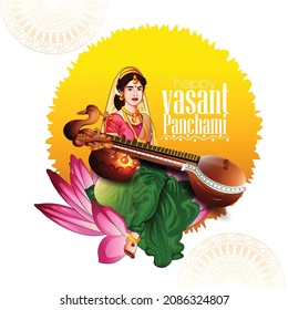 Happy Vasant Panchami Goddess Maa Saraswati On Religious Festival Background