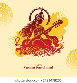 Happy Vasant Panchami Goddess Saraswati with Religious Festival Background. poster, banner, flyer vector illustration design using Saraswati silhouette