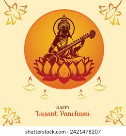 Happy Vasant Panchami Goddess Saraswati with Religious Festival Background. poster, banner, flyer vector illustration design using Saraswati silhouette