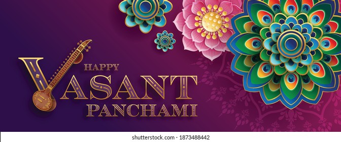 Happy Vasant Panchami  gold sitar and beautiful lotus, peacock feather for indian festival  with paper cut art and craft style on paper background.