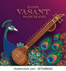 Happy Vasant Panchami  gold sitar and beautiful lotus, peacock feather for indian festival  with paper cut art and craft style on paper background.