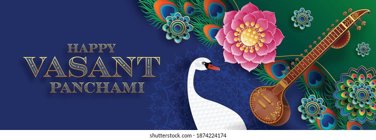 Happy Vasant Panchami  gold sitar and beautiful lotus, peacock feather for indian festival  with paper cut art and craft style on paper background.