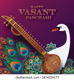 Happy Vasant Panchami  gold sitar and beautiful lotus, peacock feather for indian festival  with paper cut art and craft style on paper background.