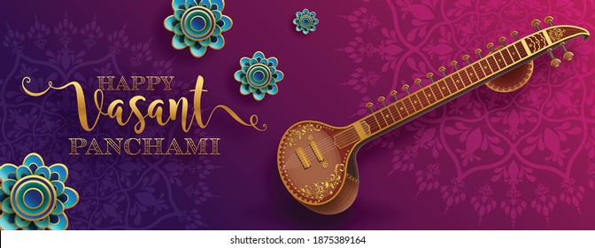 Happy Vasant Panchami  gold sitar and beautiful lotus, peacock feather for indian festival  with paper cut art and craft style on paper background.