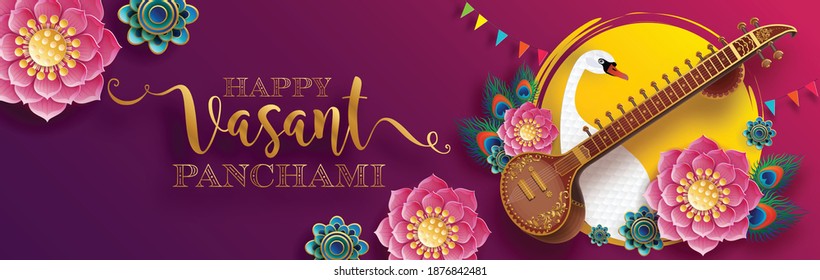 Happy Vasant Panchami  gold sitar and beautiful lotus, peacock feather for indian festival  with paper cut art and craft style on paper background.