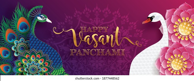 Happy Vasant Panchami  gold sitar and beautiful lotus, peacock feather for indian festival  with paper cut art and craft style on paper background.