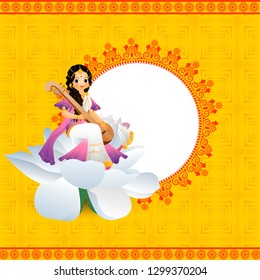 Happy Vasant Panchami greeting card design with illustration of goddess of wisdom saraswati character sitting on lotus flower.