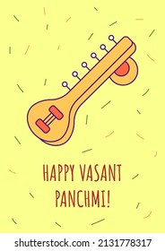 Happy vasant panchami greeting card with color icon element. Indian holiday. Postcard vector design. Decorative flyer with creative illustration. Notecard with congratulatory message on yellow