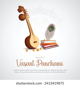 Happy Vasant Panchami Greeting Card and Post. Maa Saraswati Pooja con Ilustración vectorial de diseño de fondo de texto y guitarra