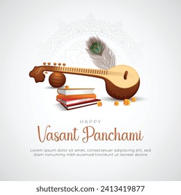 Glückliche Vasant Panchami Grußkarte und Post. Maa Saraswati Pooja mit Text und Sitar Hintergrund Design Vektorgrafik