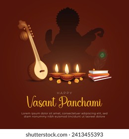 Happy Vasant Panchami Greeting Card and Social Media Post. Maa Saraswati Pooja with Text and Sitar Background Design Vector Illustration