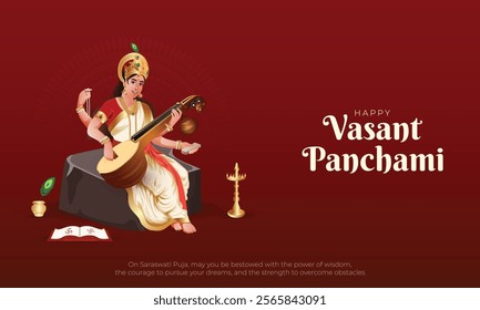 Happy Vasant Panchami Greeting Card and Banner Design. Mata Saraswati Puja with Text and Goddess Saraswati Background Vector Illustration