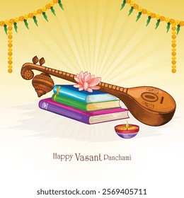 Happy vasant panchami hindu festival with goddess saraswati