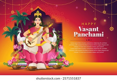 happy vasant panchami horizontal background with beautiful woman and indian ornament. vector illustration