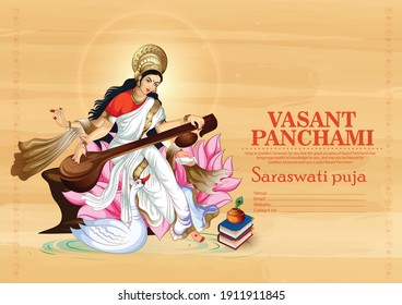 Happy Vasant Panchami illustration of Goddess of Saraswati for Vasant Panchami, veena 