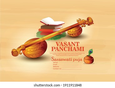 Happy Vasant Panchami illustration of Goddess of Saraswati for Vasant Panchami, veena 