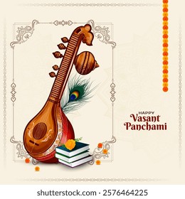 Happy Vasant Panchami Indian cultural festival greeting card with veena vector