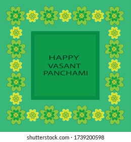 Happy Vasant Panchami indian festival poster -card with green and yellow flowers on green color background 