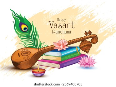 Happy vasant panchami indian festival card with veena illustration background