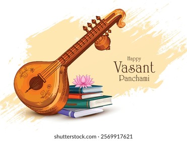 Happy vasant panchami indian festival card with veena illustration background