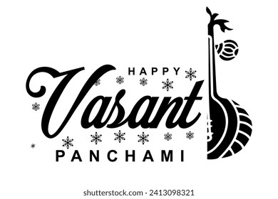 Happy Vasant Panchami lettering with Veena vector illustration.