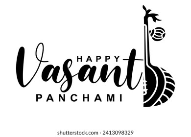 Happy Vasant Panchami lettering with Veena vector illustration.