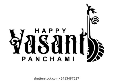 Happy Vasant Panchami lettering with Veena vector illustration.