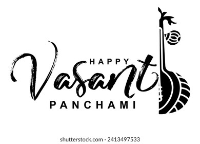Happy Vasant Panchami lettering with Veena vector illustration.
