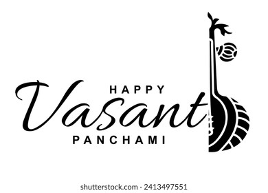Happy Vasant Panchami lettering with Veena vector illustration.