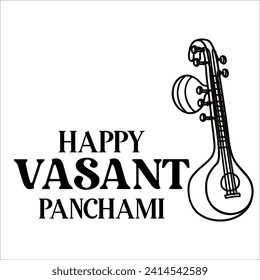 Happy Vasant Panchami lettering with Veena vector illustration.