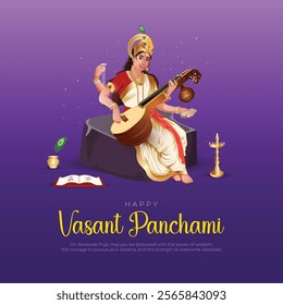 Happy Vasant Panchami Post and Greeting Card. Mata Saraswati Pooja with Text and Goddess Saraswati Vector Illustration