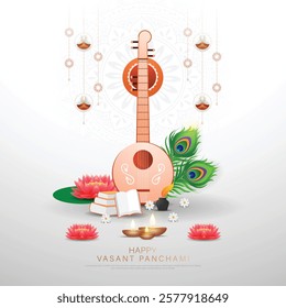 Happy Vasant Panchami - poster template design with veena and book with decorative diya lamp. vector illustration.