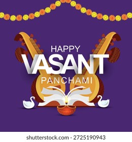 Feliz Vasant Panchami - modelo de cartaz design com veia e livro