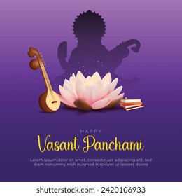 Happy Vasant Panchami Puja Greeting Card and Post for Poster, Banner and Flyer. Maa Saraswati Pooja with Text and Sitar Background Design Vector Illustration