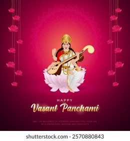 Happy Vasant Panchami Puja vector illustration design. Indian festival Vasant Panchami (Saraswati Jayanti) dedicated to Devi Saraswati.  Goddess Saraswati puja day.