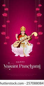 Happy Vasant Panchami Puja vector illustration design. Indian festival Vasant Panchami (Saraswati Jayanti) dedicated to Devi Saraswati.  Goddess Saraswati puja day.