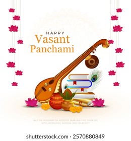 Happy Vasant Panchami Puja vector illustration design. Indian festival Vasant Panchami (Saraswati Jayanti) dedicated to Devi Saraswati.  Goddess Saraswati puja day.